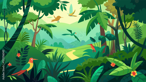 The session takes place in a lush rainforest with the sounds of chirping birds and rustling leaves adding to the immersive experience of connecting with nature.. Vector illustration