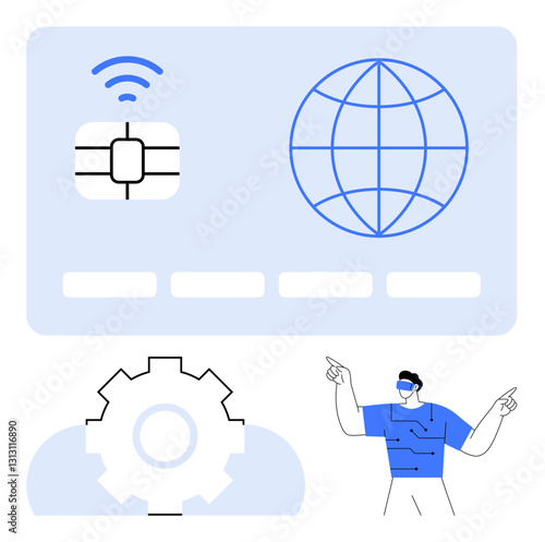 Digital card with chip and globe, large gear on cloud, person in tech outfit pointing upwards. Ideal for fintech, global access, cloud solutions, innovation, connectivity digital ID teamwork. Flat