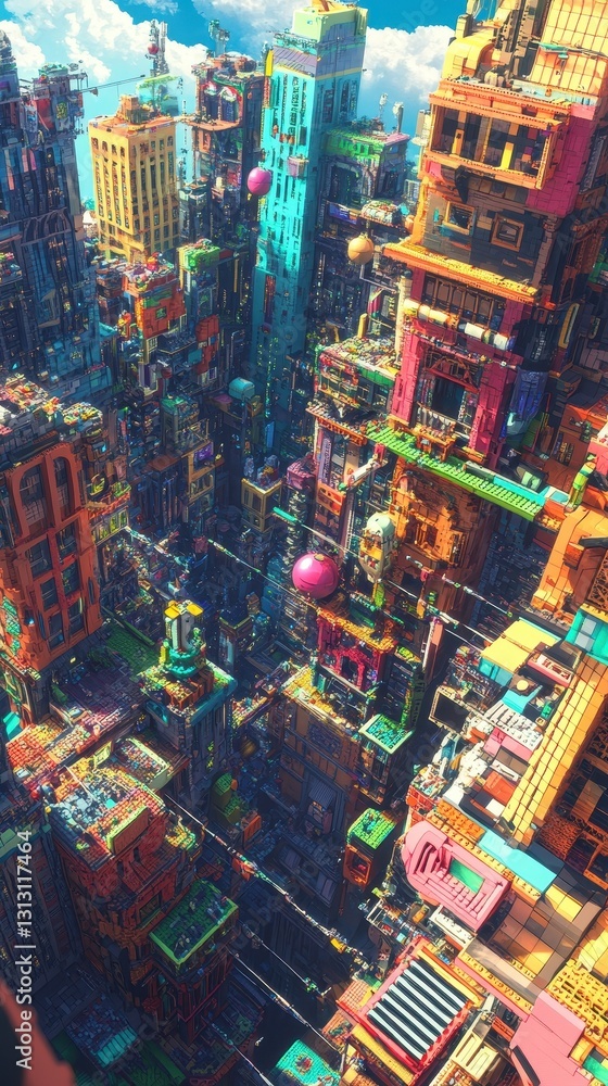 Colorful architectural buildings are tightly packed within a detailed urban cityscape Colorful architectural buildings are tightly packed within a detailed urban cityscape