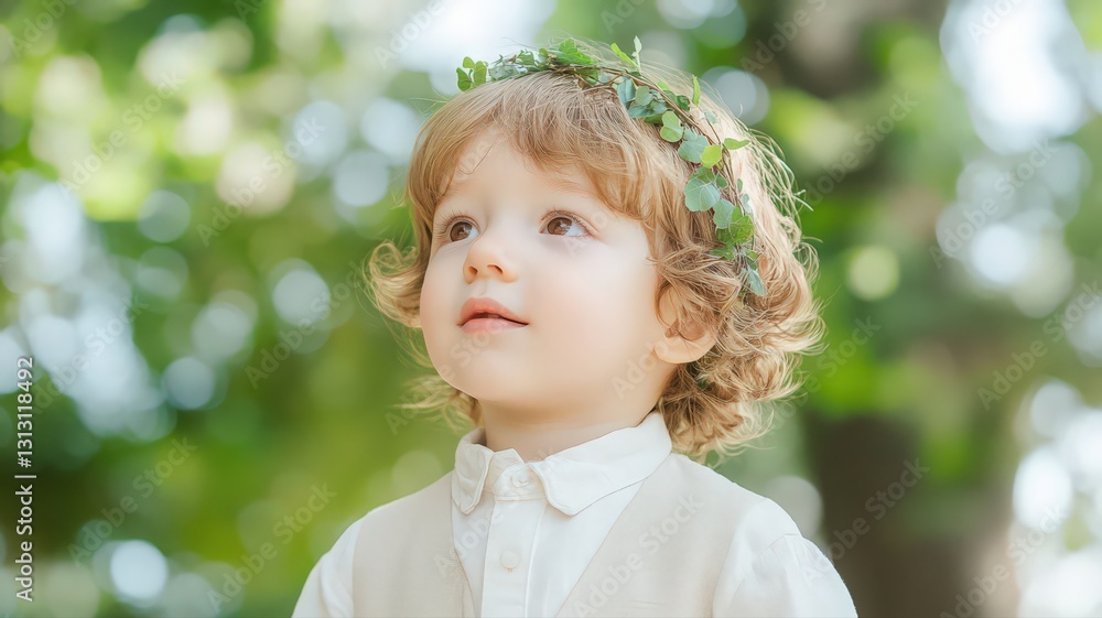 Adorable Blond Toddler in Leaf Crown Gazing Upwards in Sunny Outdoor Setting Adorable Blond Toddler in Leaf Crown Gazing Upwards in Sunny Outdoor Setting