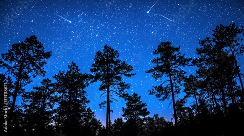 Night sky, shooting stars, forest silhouettes