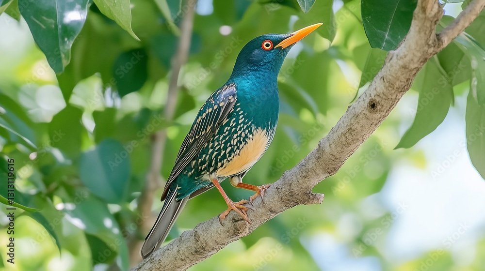 Turquoise bird perched on branch, lush foliage background, wildlife photography Turquoise bird perched on branch, lush foliage background, wildlife photography