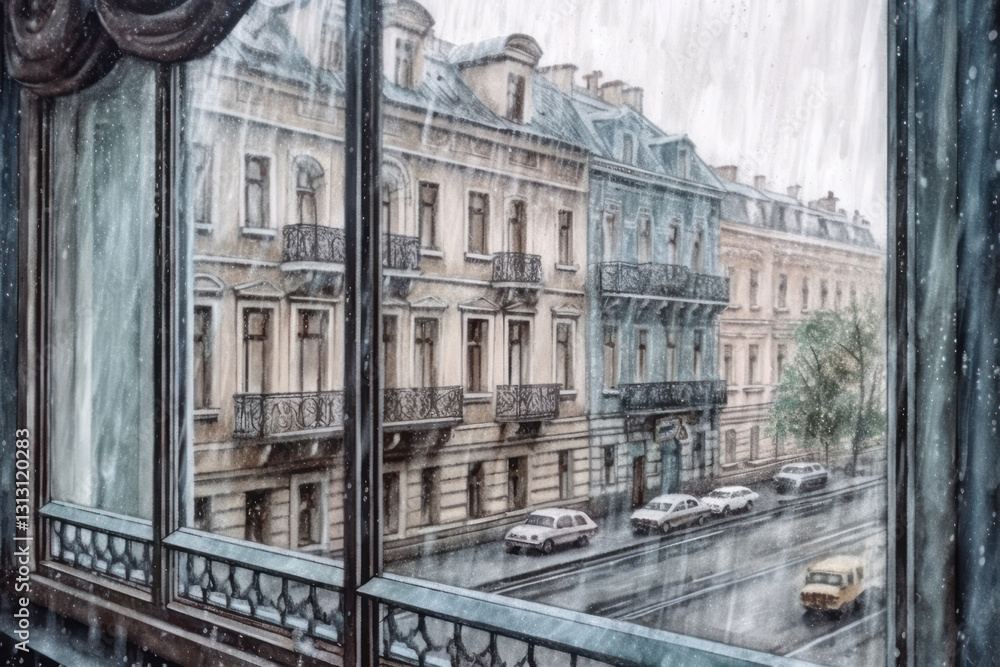 Fototapeta premium street in St. Petersburg, visible through the window. The rain falls outside the window, creating a melancholic and cozy mood