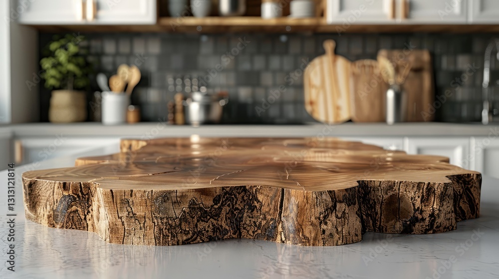 A polished wooden table centerpiece in a modern kitchen setting. A polished wooden table centerpiece in a modern kitchen setting.