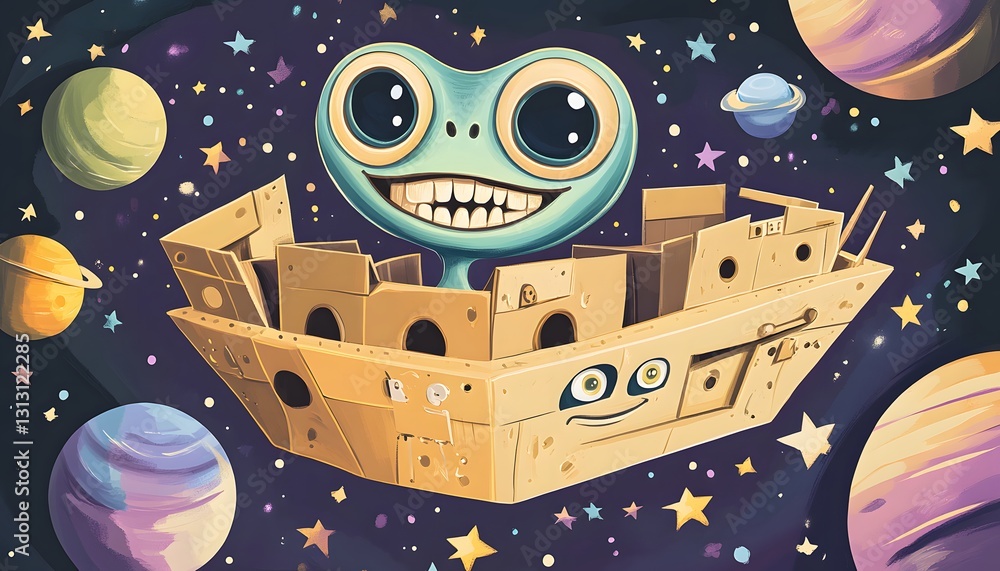 Fototapeta premium Happy Alien Astronaut Sailing Cardboard Spaceship Through Cosmos