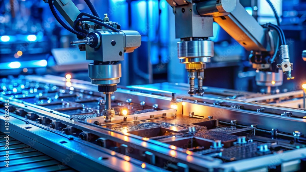 High-Precision Robotic Arms Assembling PCBs in Modern Electronics Factory at Night High-Precision Robotic Arms Assembling PCBs in Modern Electronics Factory at Night
