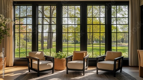 Modern living room with large windows overlooking a golf course