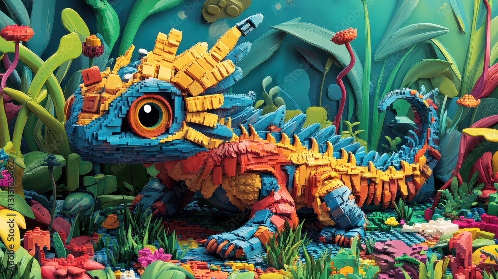 A Colorful Lizard Creature Constructed from Toy Building Blocks A Colorful Lizard Creature Constructed from Toy Building Blocks