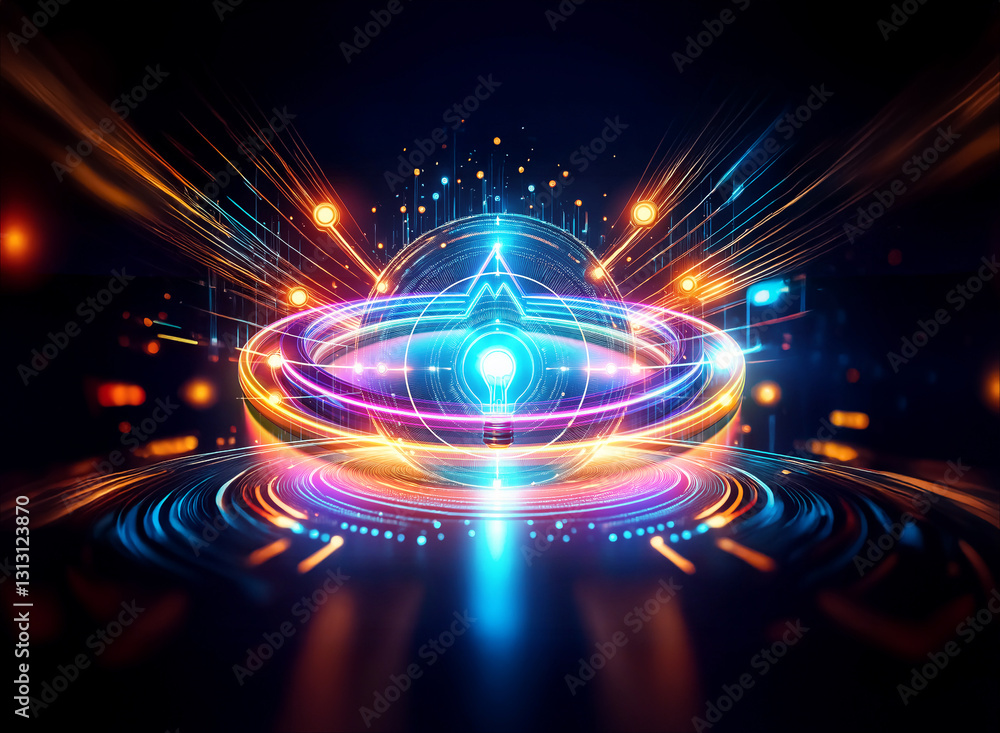 Abstract futuristic scene with vibrant neon colors, creating a double exposure effect with glowing energy rings and dynamic light trails. Abstract futuristic scene with vibrant neon colors, creating a double exposure effect with glowing energy rings and dynamic light trails.