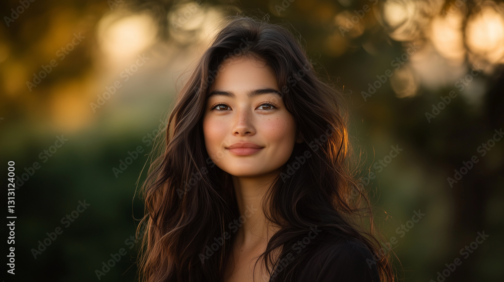 Fototapeta premium young woman with long, flowing hair smiles softly in natural setting, illuminated by warm sunlight.