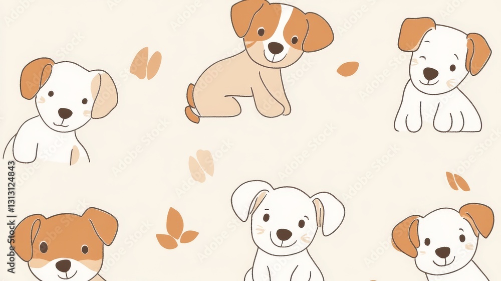 Adorable puppy doodle collection, loose continuous line art style, warm beige and brown tones, expressive happy faces, simple geometric shapes, minimalist design aesthetic, cheerful playing poses, Adorable puppy doodle collection, loose continuous line art style, warm beige and brown tones, expressive happy faces, simple geometric shapes, minimalist design aesthetic, cheerful playing poses,