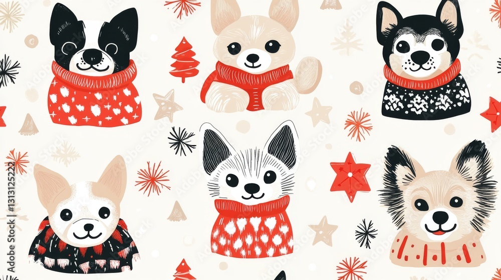 Obraz premium Cozy winter pet collection, dogs wearing festive sweaters and scarves, seasonal holiday motifs, star patterns, christmas light decorations, soft red and cream colors, gentle outlines, playful
