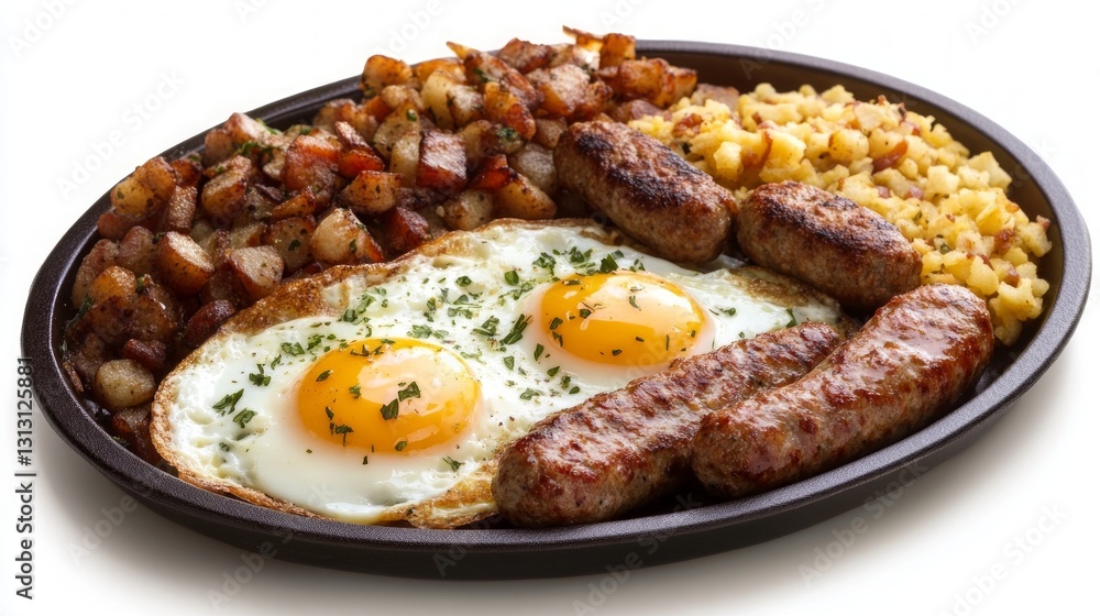 Delicious Breakfast Platter with Eggs, Sausages, and Potatoes Delicious Breakfast Platter with Eggs, Sausages, and Potatoes