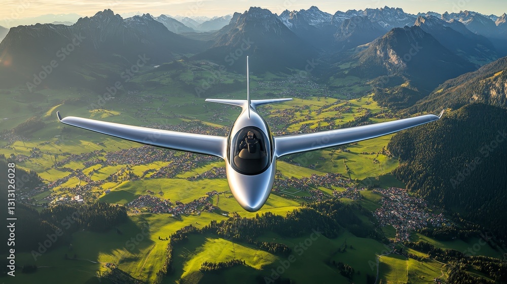 Fototapeta premium Silver aircraft soaring over green valley and mountains at sunset