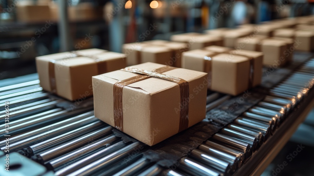 Packages being processed on a conveyor belt in a busy warehouse, showcasing logistics operations Packages being processed on a conveyor belt in a busy warehouse, showcasing logistics operations
