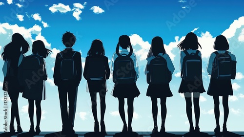 Anime-Style Rear View of High School Students, Capturing Youthful Energy and School Life