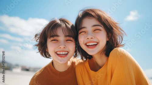 Two young women smiling joyfully outdoors under blue sky.