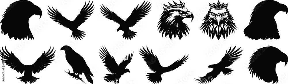Fototapeta premium Eagle silhouettes set, bird pack of vector silhouette design, isolated background