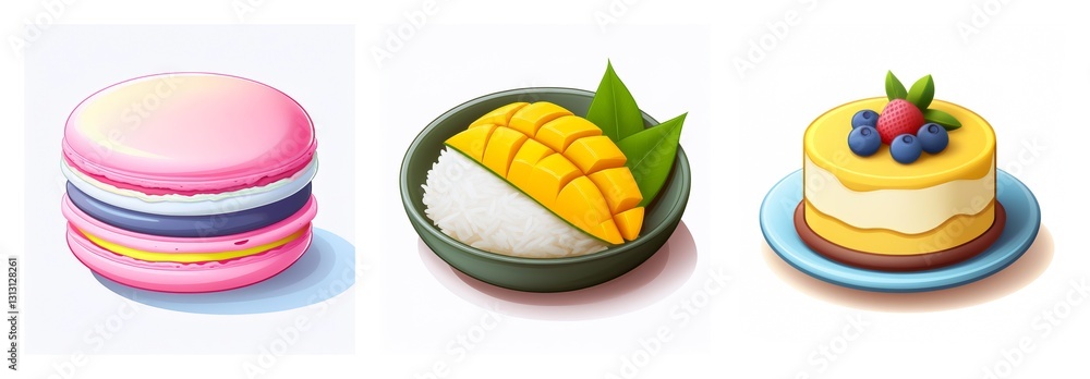 Naklejka premium A pink macaron, mango sticky rice with leaves, and a small yellow cake topped with berries are displayed against a white backdrop.