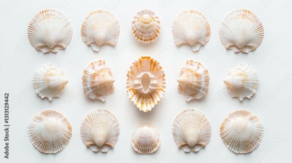 Seashells arranged in a symmetrical pattern on a white background. A calming, beachy aesthetic. Seashells arranged in a symmetrical pattern on a white background. A calming, beachy aesthetic.