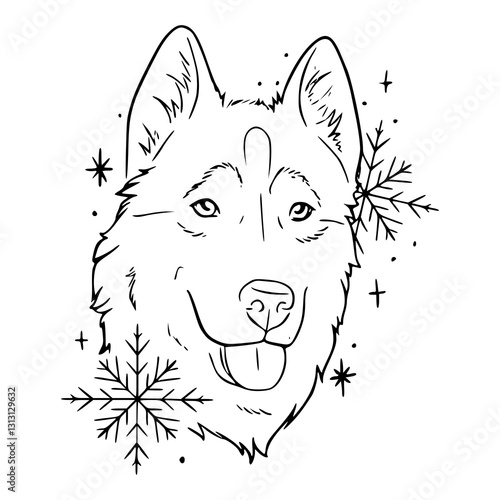 winter husky line art with snowflakes