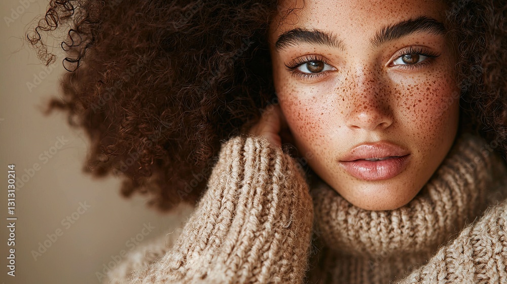 Young woman with curly hair and freckles wearing a cozy sweater indoors Young woman with curly hair and freckles wearing a cozy sweater indoors