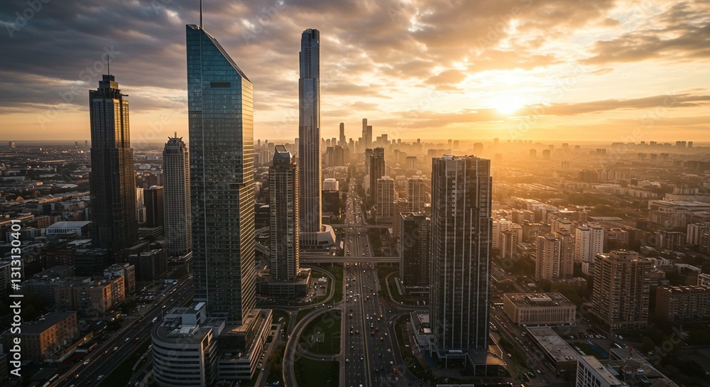 Fototapeta premium Cityscape Aerial View at Sunrise with Modern Skyscrapers and Highway Traffic