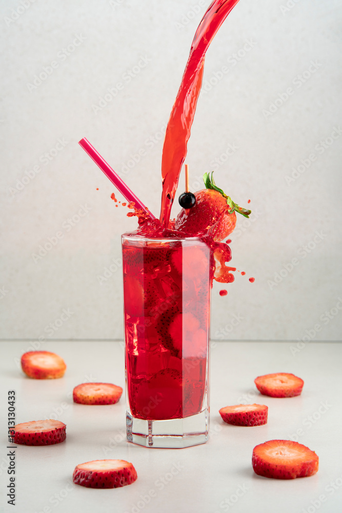 Φωτογραφία stream of red liquor splashing into strawberry cocktail with ice in crystal glas