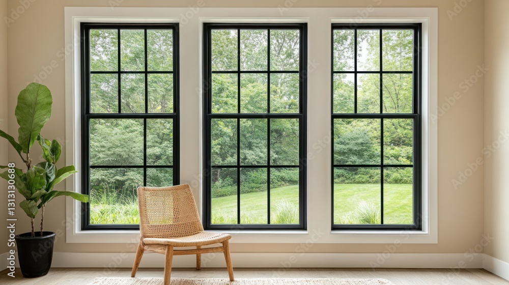 Fototapeta premium Modern black windows overlooking a garden, interior design, spacious room