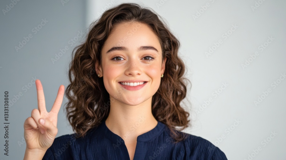 Young woman shows peace sign gesture Young woman shows peace sign gesture