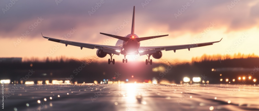 Airplane is landing at dusk Airplane is landing at dusk
