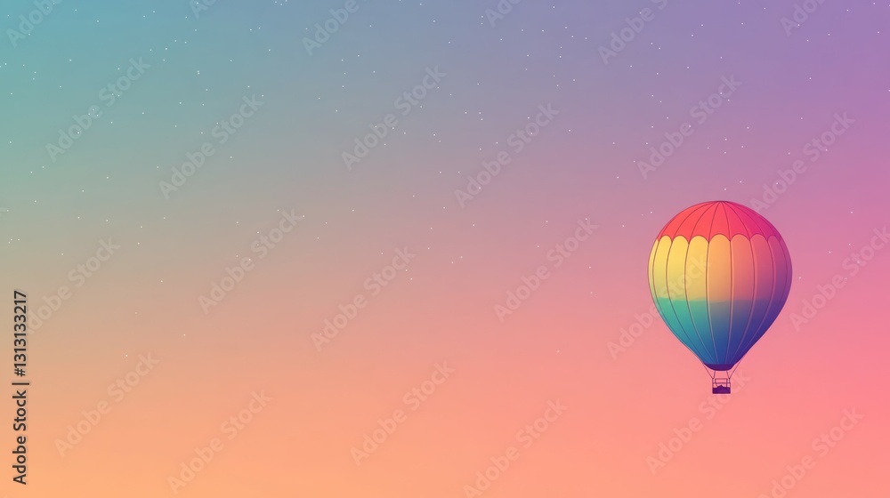 Obraz premium Rainbow hot air balloon floats gently across a pastel sky.