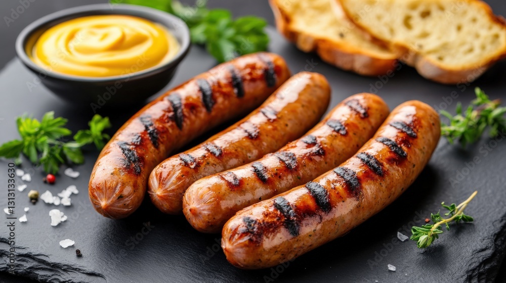 Grilled sausages with mustard and bread Grilled sausages with mustard and bread