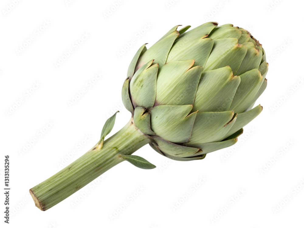 Fototapeta premium Fresh green artichoke with tight leaves farm market food photography natural light close-up, isolated on white or transparent background