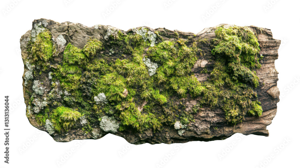 Piece of wood covered with green moss on transparent background Piece of wood covered with green moss on transparent background