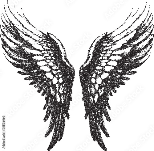 Angel vintage y2k stipple art, wings halftone stipple brutalist retro vector png with transparent background, divine 2000s aesthetic photocopy effect tattoo