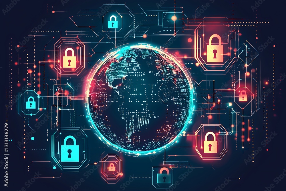 An abstract illustration a globe surrounded by glowing security icons, locks, and encrypted data patterns in a futuristic design. An abstract illustration a globe surrounded by glowing security icons, locks, and encrypted data patterns in a futuristic design.