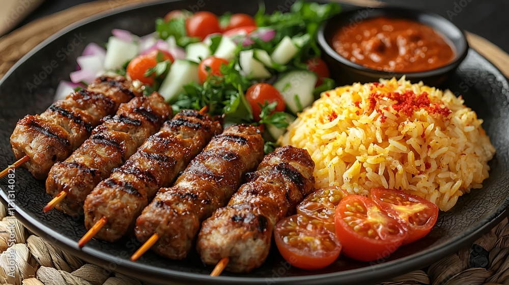 Grilled Kebabs with Rice and Salad