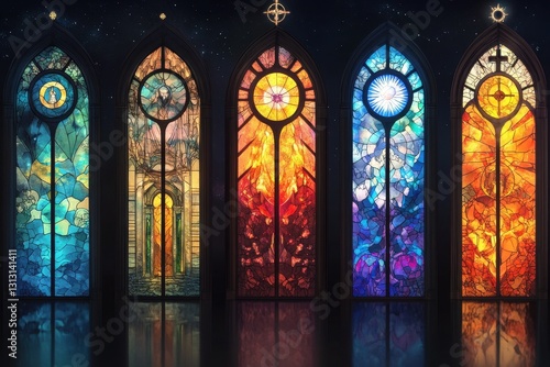 Five decorative stained glass windows displayed inside of a dark room