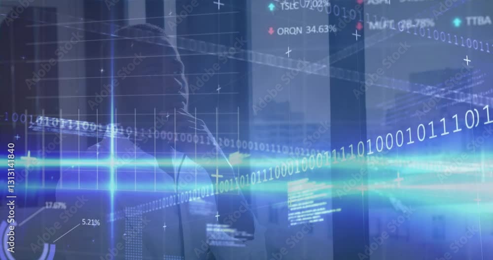 In office, business professional analyzing digital data with binary code animation In office, business professional analyzing digital data with binary code animation