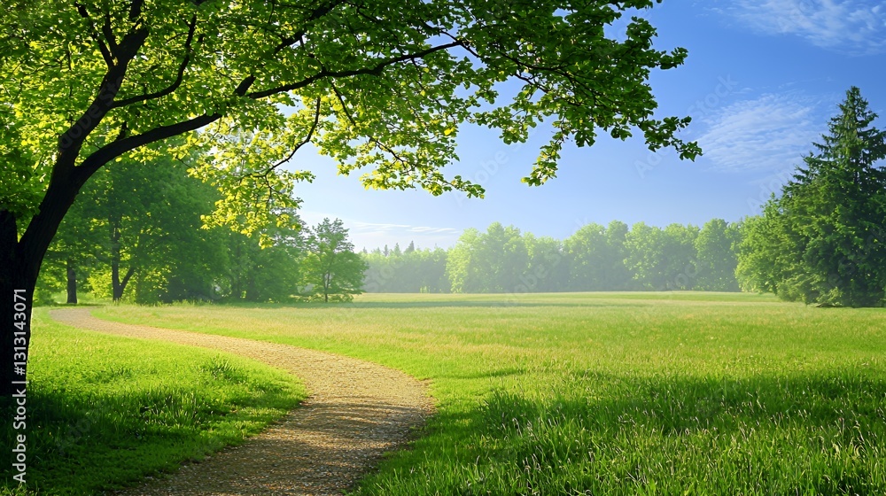 Fototapeta premium Serene Summer Landscape: Green Field with Winding Path and Lush Trees