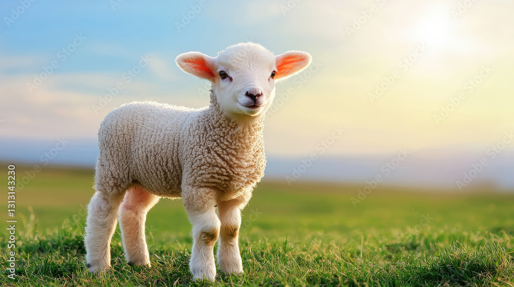 Obraz premium A fluffy lamb stands in a green field under a bright sky, exuding innocence and charm.