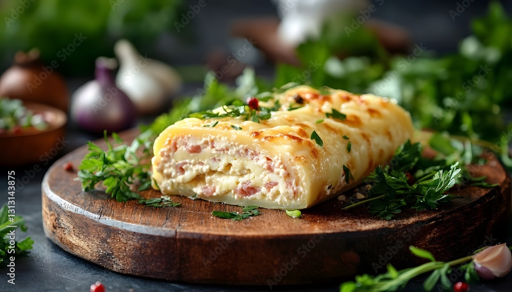 Baked Ham and Cheese Crepe Roll Garnish with Parsley Baked Ham and Cheese Crepe Roll Garnish with Parsley