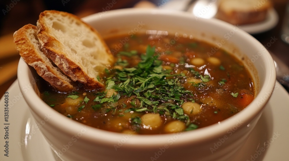 Delicious Bowl of Hearty Vegetable Soup with Fresh Herbs and Bread Delicious Bowl of Hearty Vegetable Soup with Fresh Herbs and Bread