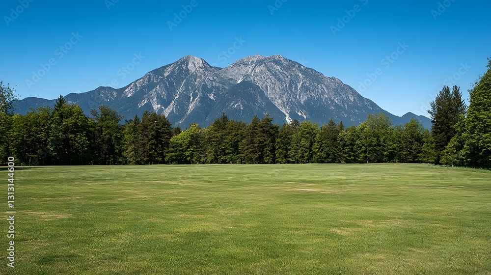 Fototapeta premium Serene Green Field with Majestic Mountain Background
