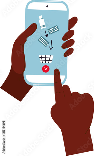 Close up human hand holding smartphone for online order of medicines.  Online pharmacy. Home delivery.  Mobile Pharmacy service. png vector illustration