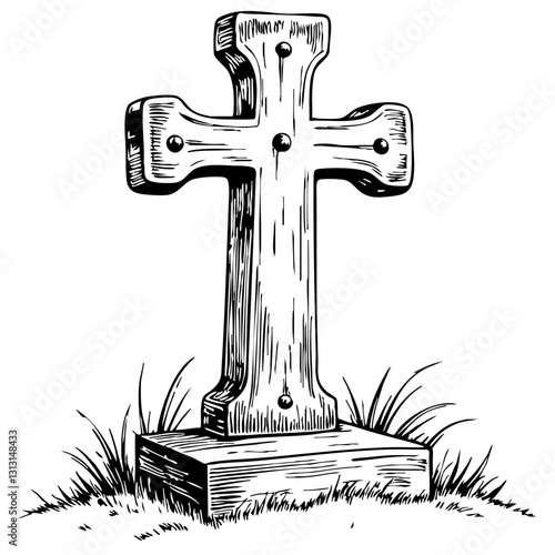vintage gravestone cross sketch surrounded by grass  