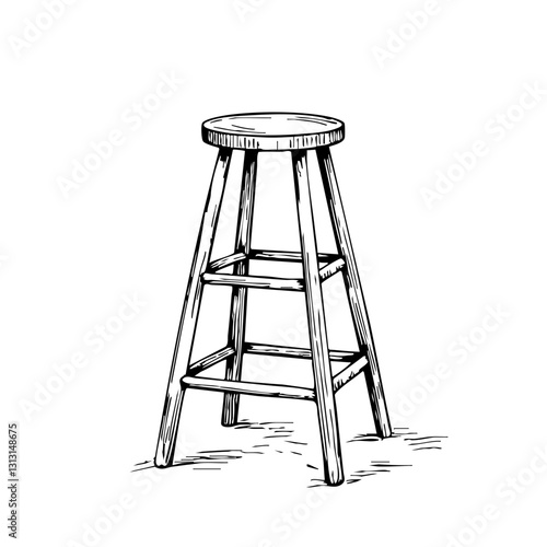 Vintage sketch of a wooden stool with three legs  