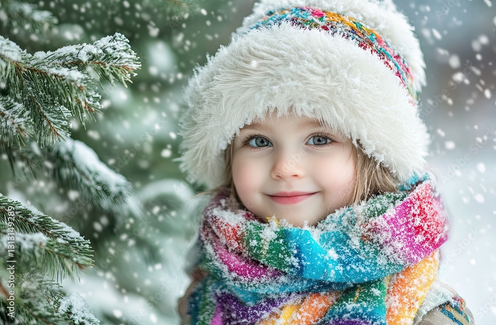 A cute little girl wearing colorful winter is playing in the snow, standing next to an evergreen tree. She has a white fur hat and scarf, and is smiling at the camera A cute little girl wearing colorful winter is playing in the snow, standing next to an evergreen tree. She has a white fur hat and scarf, and is smiling at the camera