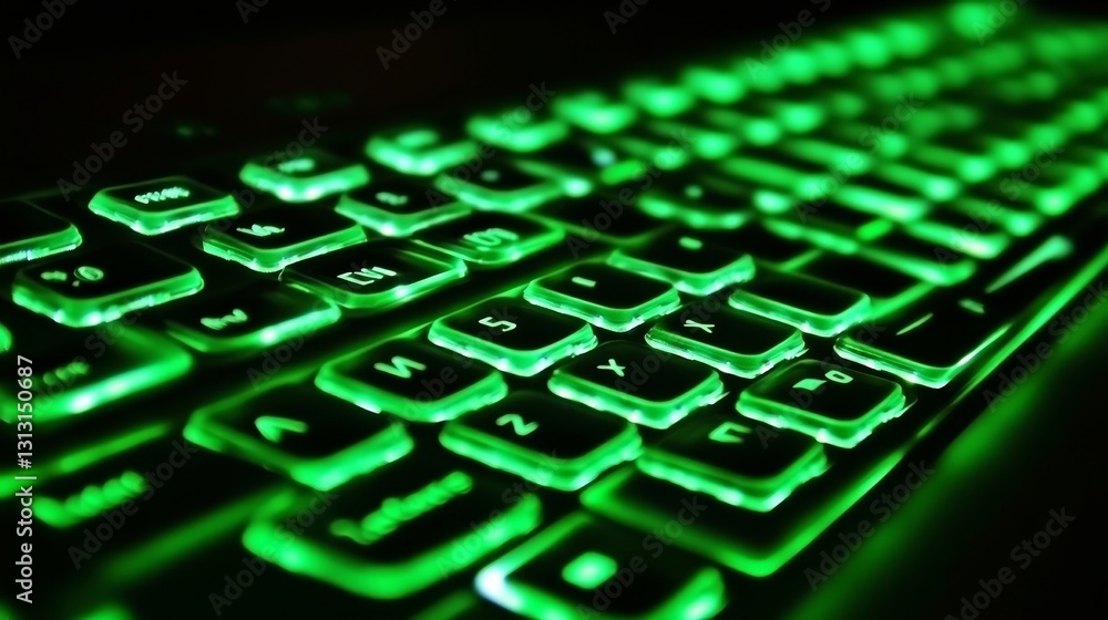 Illuminated keyboard glows green, typing in dark room, close-up Illuminated keyboard glows green, typing in dark room, close-up
